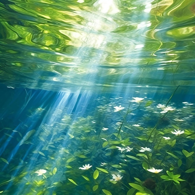 太陽の光とレンズフレアの自然シリーズの水中の花