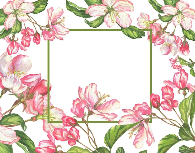 Цветы акварель ботаническая иллюстрация цветущая вишня рамка для открыток и приглашений