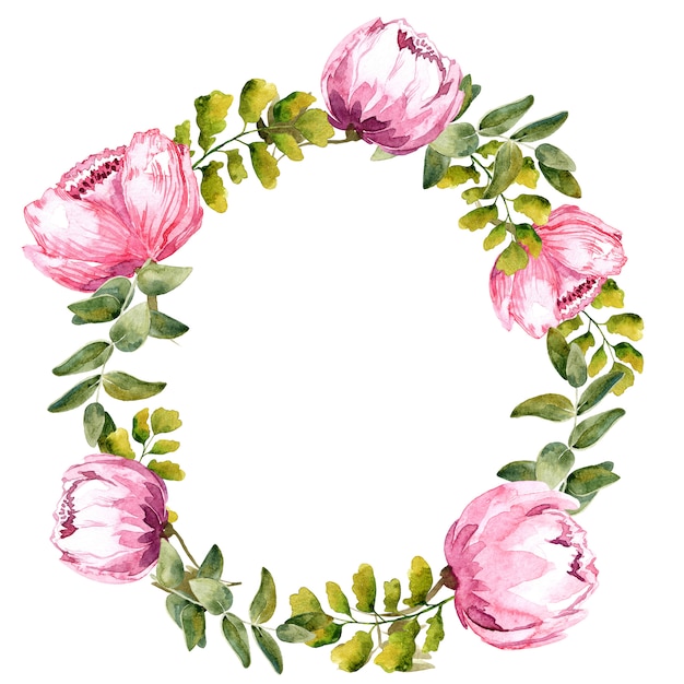 Flowers watercolor wreath isolated on white background