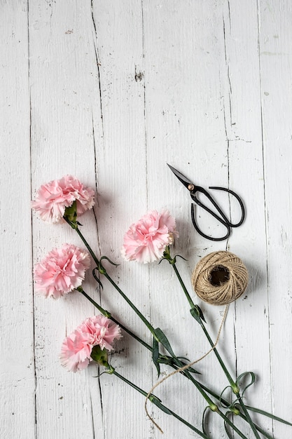 Flowers on white background. Flat lay, top view