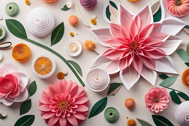 Flowers on a white background with a paper flower and a paper with the words