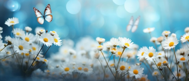 Flowers and white butterflies with abstract bokeh background