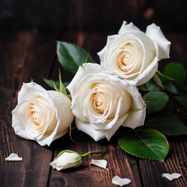 Flowers of white roses on wood background Happy Valentines Day with this romantic greeting card