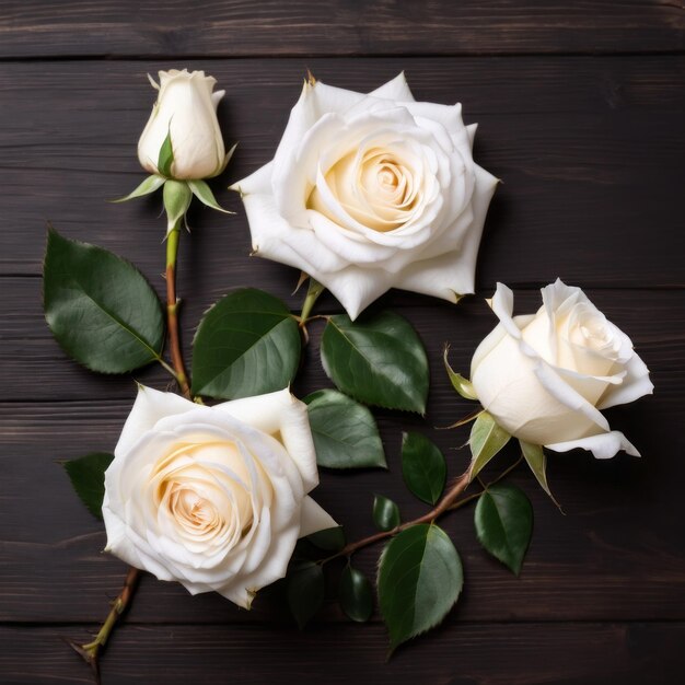 Foto fiori di rose bianche sullo sfondo di legno buon valentino con questo romantico biglietto di auguri
