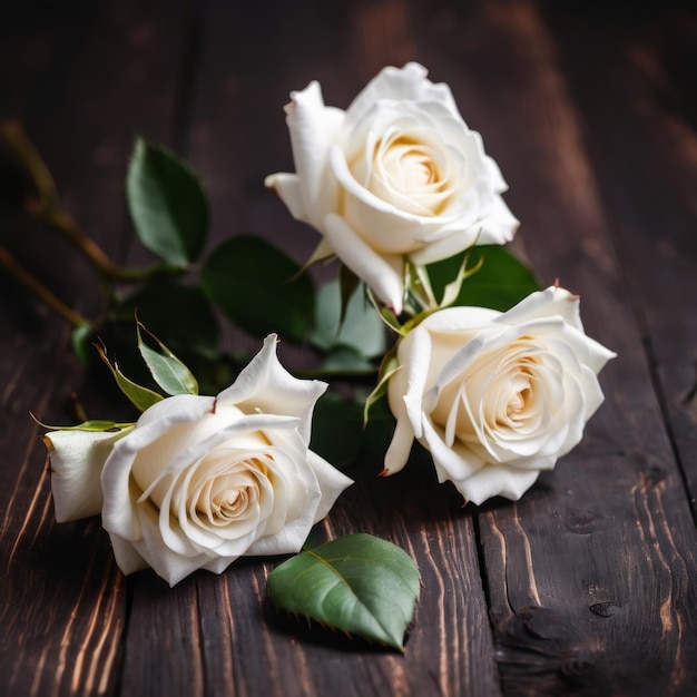 Flowers of white roses on wood background Happy Valentines Day with this romantic greeting card