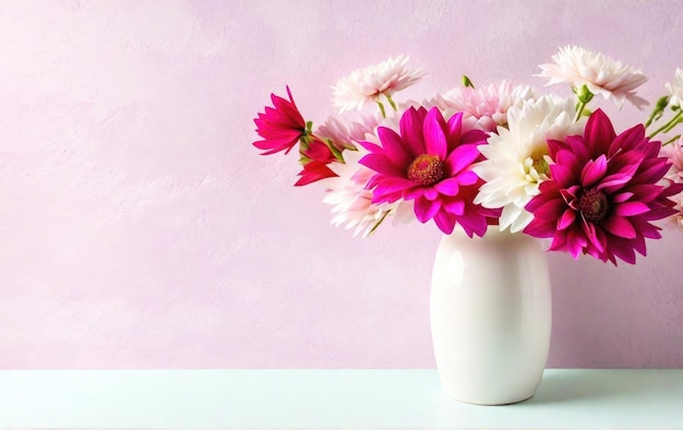 텍스트를 위한 밝은 배경 장소의 흰색 테이블 위에 있는 흰색 꽃병에 꽃