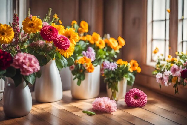 Flowers in white vases on a wooden table with a window in the background.