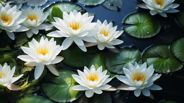 Flowers of white water lilies in the pond