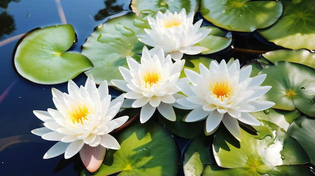 Flowers of white water lilies in the pond