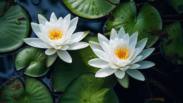 Flowers of white water lilies in the pond