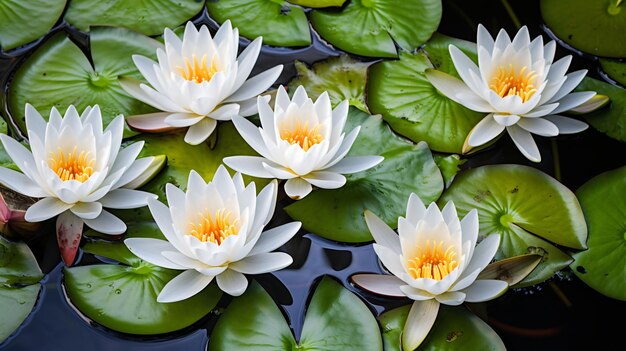 Flowers of white water lilies in the pond