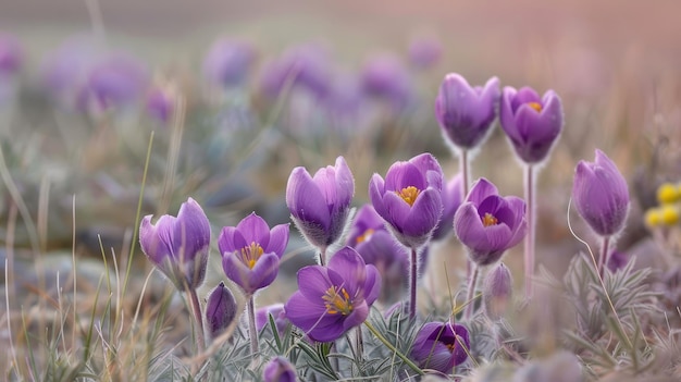 Photo flowers of the windflower or pulsatilla patens first spring blooming flower