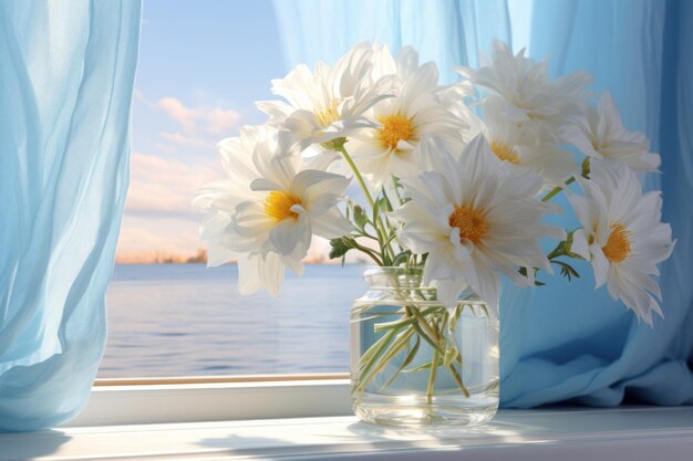 Flowers on a windowsill in the style of light sky and blue and light white Generative AI