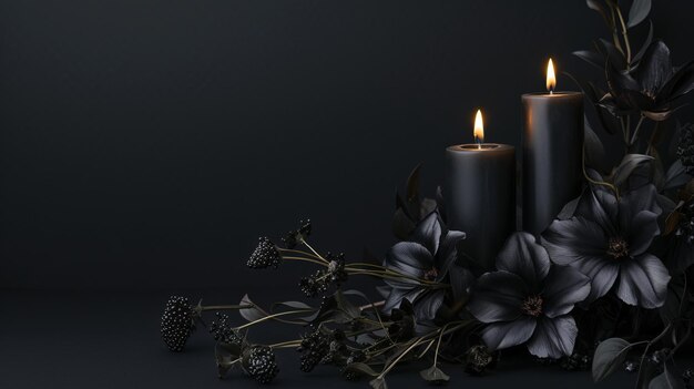 Фото Цветы с горящей свечой на черном фоне с пространством для текста