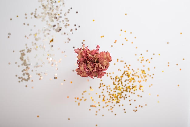 Flowers with bright glitter sequins on a white background