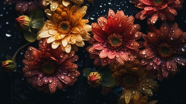 Flowers with drops of water closeup dark romantic background Wildflowers wallpaper Ai generated