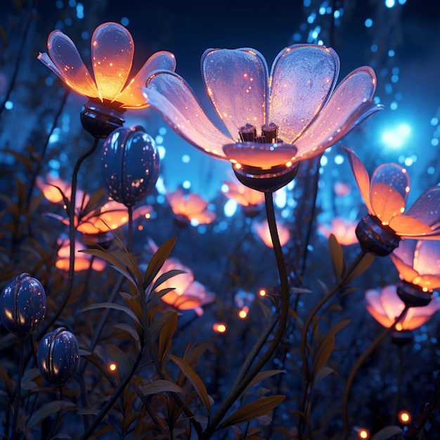 Photo flowers with glowing petals in a field of water at night generative ai