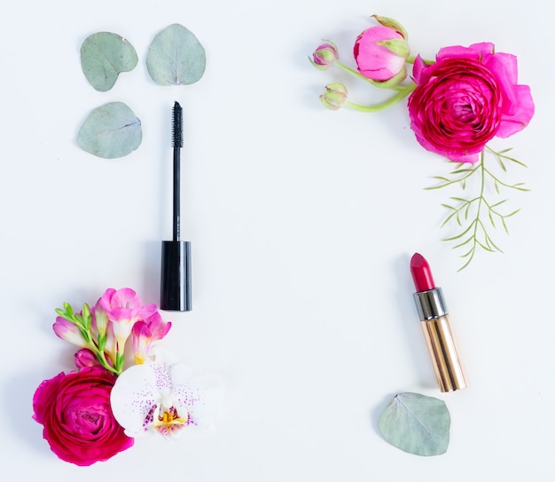 Flowers with lipstick and mascara