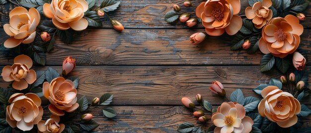 Photo flowers with roses and hortense on rustic wooden planks copy space top view