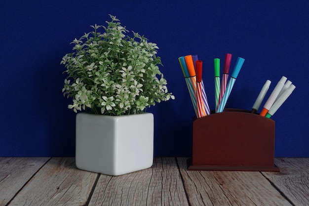 Photo flowers with stationery on the table