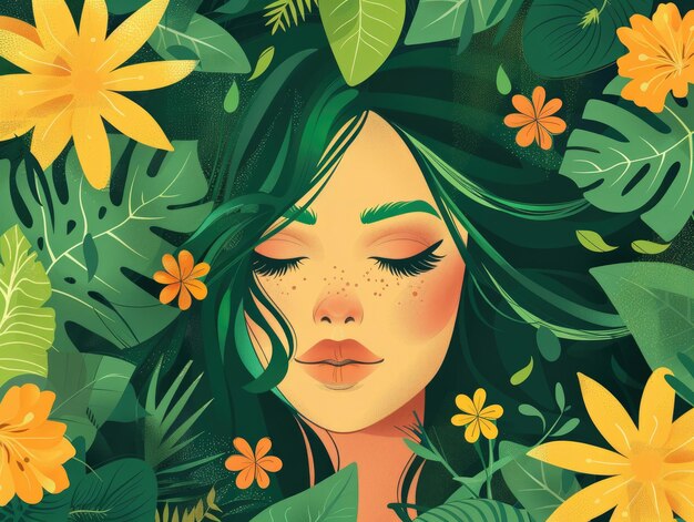 Photo flowers on women39s faces green illustrations