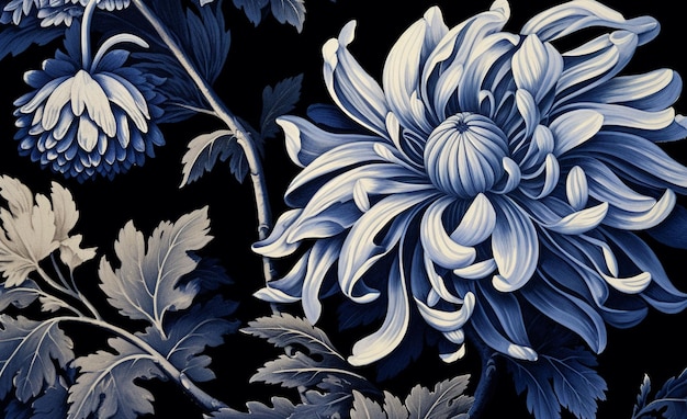 Flowers woodcut indigo chiaroscuro