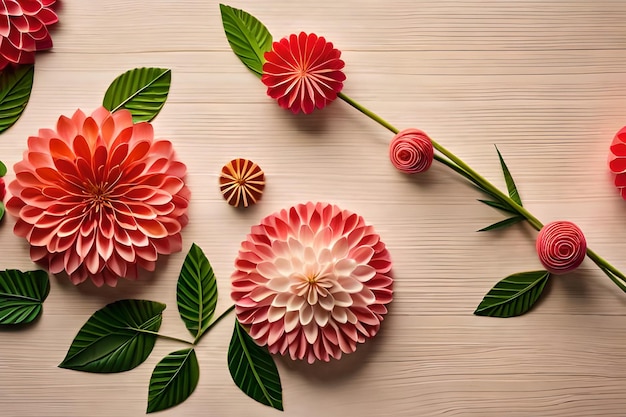 Цветы на деревянном фоне с зеленым листом и красным цветком.