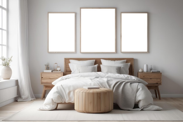 Flowers on wooden stool and pouf in white bedroom interior with posters above bed