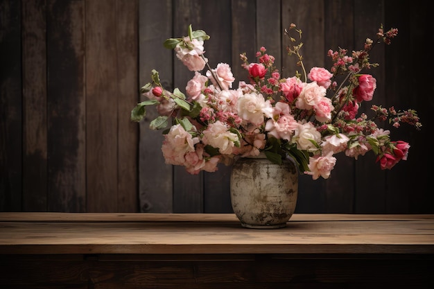 Photo flowers on a wooden table