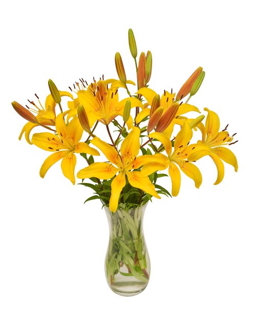 白い背景で隔離の花瓶に花黄色いユリの花束フラットレイトップビュー愛バレンタインデー