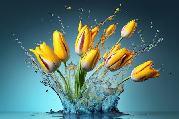 Flowers yellow tulips levitation and water splashes