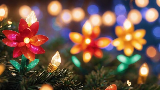 Flowershaped christmas lights with blurred lights in the background