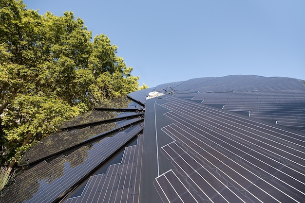 Pannello solare a forma di fiore con sfondo cielo e spazio copia