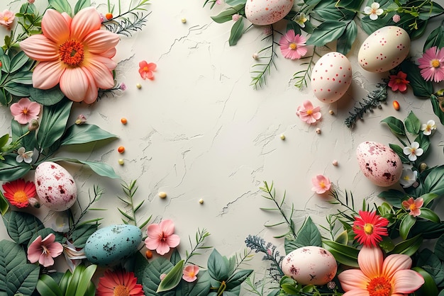 Flowery border with a white background and a variety of easter eggs and flowers with copy space