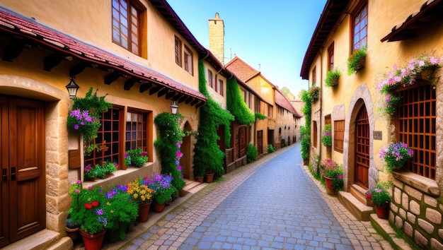 Flowery empty old historical street on sunny day in small magical village generative ai