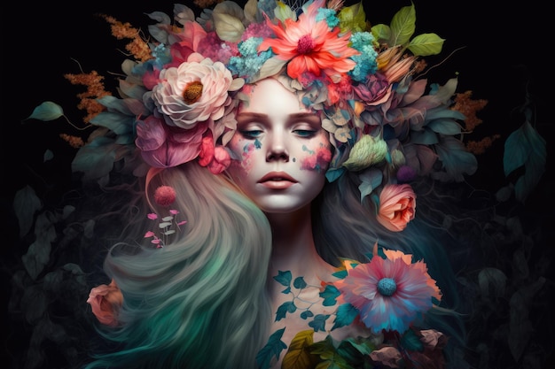 Flowery surrealistische portret van een vrouw met een bloem kroon en een jurk gemaakt van bloeiende bloemen