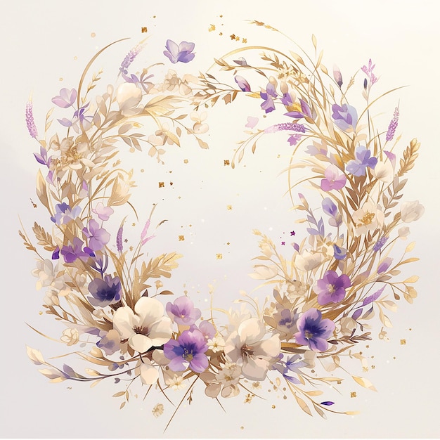 A flowery wreath with a gold frame border The flowers are in various shades of pink and purple