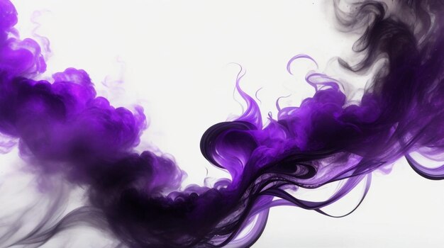 Flowing black ink with purple smoke on white background