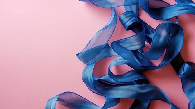 Струящиеся голубые ленты создают динамичные завитки на розовом фоне.
