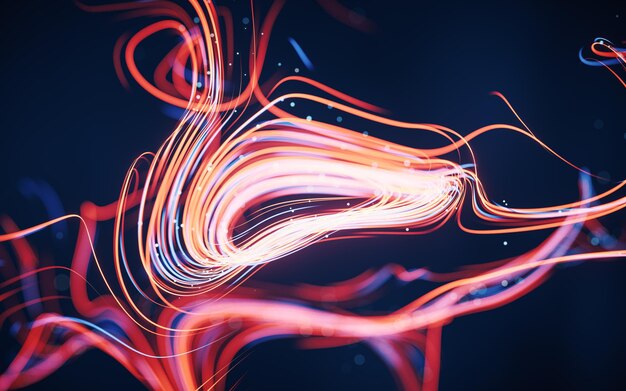 Photo flowing curves with glowing neon lines 3d rendering