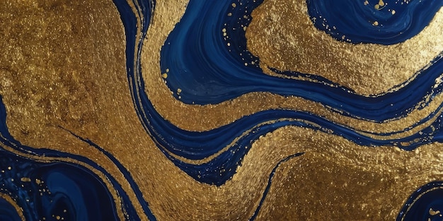 Flowing Elegant Acrylic Pour Wallpaper in Beautiful Navy Blue colors Paint texture with Gold Glitter