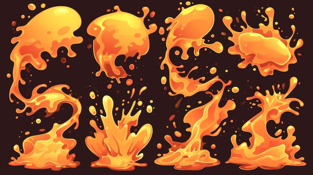 Photo flowing lava fire splash effect with yellow and orange colors cartoon modern illustration of a magma explosion liquid flash and flame volcano burst with drip and wave effects volcano explosion