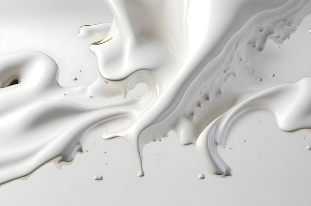 Flowing liquid with splashes in white color Glossy creamy milk fluid banner 3D effect