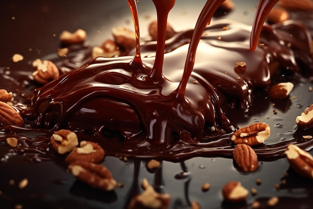 a flowing melted chocolate with nuts Generative AI