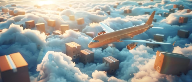 Flowing paper boxes cargo planes business logistics transportation industry Conceptual illustration 3D rendering