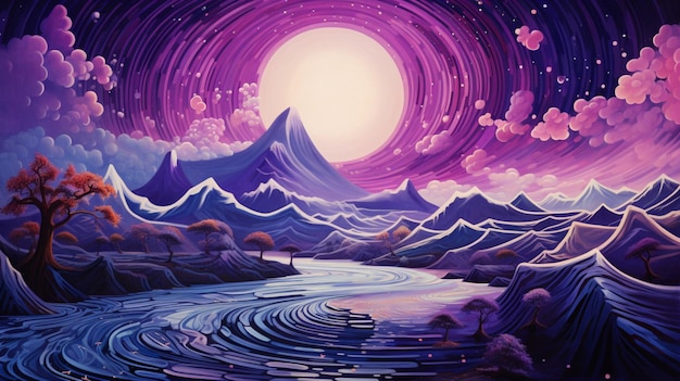 流れる紫色の山のスパイラル 明るい想像力