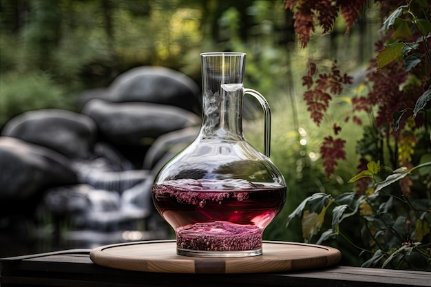 Flowing stream of wine in decanter against the backdrop of natural setting