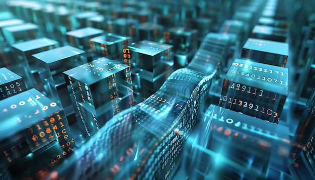 flowing streams of binary code weaving through a maze of translucent cubes representing data flow and encryption processes