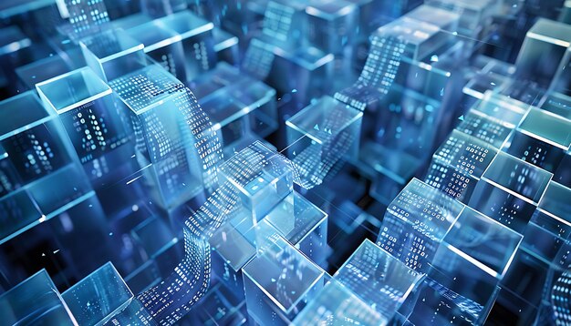 flowing streams of binary code weaving through a maze of translucent cubes representing data flow and encryption processes