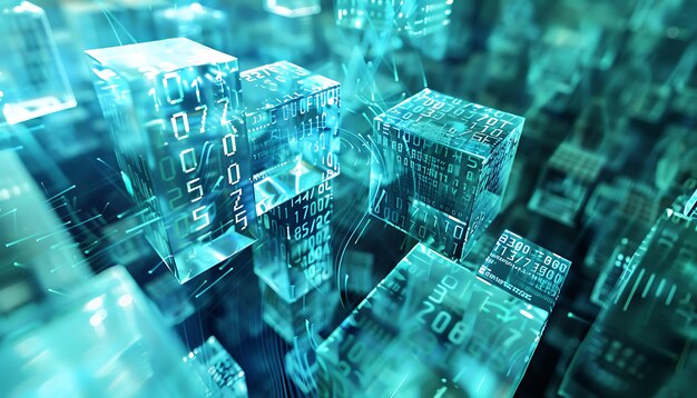 डेटा प्रवाह और एन्क्रिप्शन प्रक्रियाओं का प्रतिनिधित्व करने वाले पारभासी क्यूब्स की भूलभुलैया के माध्यम से बुनाई बाइनरी कोड की बहती धाराएं